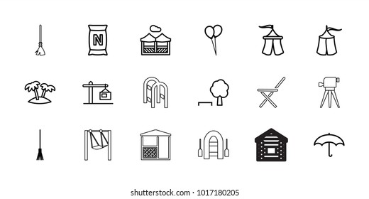 Outdoor icons. set of 18 editable outline outdoor icons: balloon, tree and bench, rake, bag with ground, palm, tent, umbrella, construction  crane, pergola, wooden wall