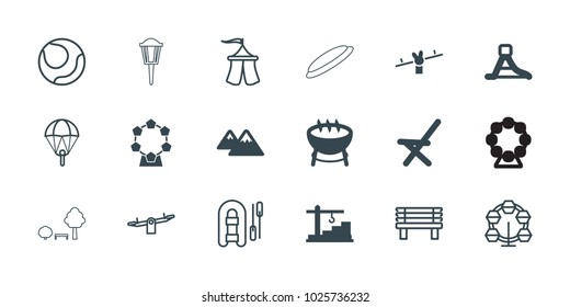Outdoor icons. set of 18 editable filled and outline outdoor icons: barbecue, outdoor chair, waterslide, mountain, construction  crane, swing, parachute, carousel
