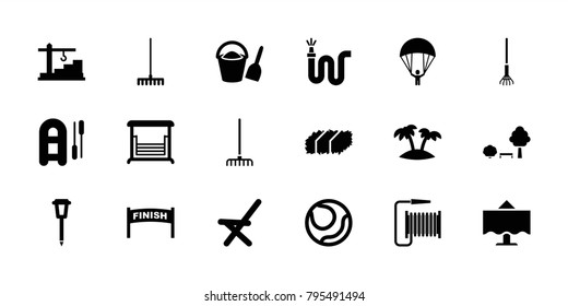 Outdoor icons. set of 18 editable filled outdoor icons: inflatable boat, volleyball, finish, rake, water hose, street lamp, swing, outdoor chair, palm, construction  crane