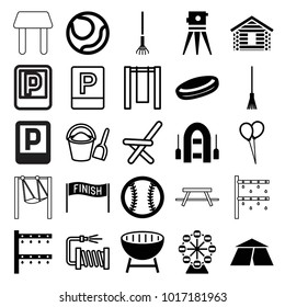 Outdoor icons. set of 25 editable filled and outline outdoor icons such as theodolite, hockey puck, volleyball, rake, irrigation system, baseball, balloon, swing, water hose