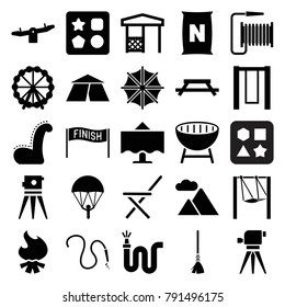 Outdoor icons. set of 25 editable filled outdoor icons such as ferris wheel, from toy for beach, swing, theodolite, parachute, table, water hose, gazebo, mountain