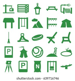 Outdoor icons set. set of 25 outdoor filled icons such as parking, wooden wall, tent, table, swing, theodolite, rake, water hose, irrigation system, street lamp, outdoor chair