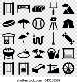 Outdoor icons set. set of 25 outdoor filled icons such as garden bench, ferris wheel, tent, theodolite, rake, water hose, swing, gazebo, palm, mountain, pond, umbrella