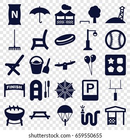 Outdoor icons set. set of 25 outdoor filled icons such as from toy for beach, swing, balloon, rake, water hose, street lamp, outdoor chair, gazebo, bag with ground, umbrella