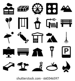 Outdoor icons set. set of 25 outdoor filled icons such as garden bench, ferris wheel, tent, from toy for beach, balloon, rake, water hose, bench, street lamp, swing, gazebo