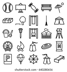 Outdoor icons set. set of 25 outdoor outline icons such as garden bench, ferris wheel, tent, bucket toy for beach, theodolite, rake, street lamp, bag with ground, parking