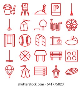 Outdoor icons set. set of 25 outdoor outline icons such as wooden wall, ferris wheel, from toy for beach, table, theodolite, rake, water hose, bench, street lamp, swing