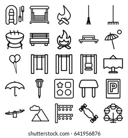 Outdoor icons set. set of 25 outdoor outline icons such as parking, from toy for beach, table, swing, balloon, rake, irrigation system, street lamp, mountain, umbrella