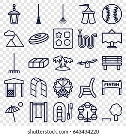 Outdoor icons set. set of 25 outdoor outline icons such as garden bench, ferris wheel, from toy for beach, swing, rake, water hose, bench, street lamp, outdoor chair, gazebo