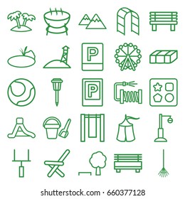 Outdoor icons set. set of 25 outdoor outline icons such as parking, garden bench, ferris wheel, bucket toy for beach, from toy for beach, rake, water hose, bench, street lamp