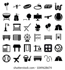Outdoor icons. set of 36 editable filled outdoor icons such as garden bench, wooden wall, tent, bucket toy for beach, table, swing, balloon, hockey puck, tree and bench