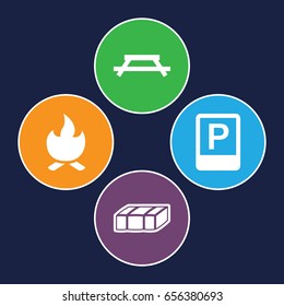 Outdoor icons set. set of 4 outdoor filled icons such as garden bench, parking, bonfire
