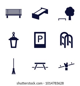 Outdoor icons. set of 9 editable filled outdoor icons such as garden bench, parking, tree and bench, rake, street lamp, swing, table, bench