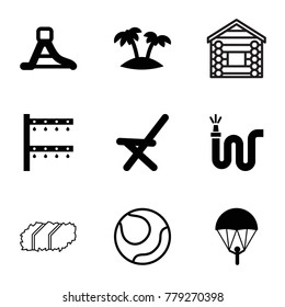Outdoor icons. set of 9 editable filled and outline outdoor icons such as parachute, water hose, irrigation system, outdoor chair, waterslide, palm, volleyball, garden bench