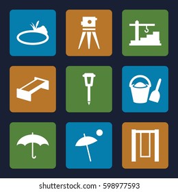 outdoor icons set. Set of 9 outdoor filled icons such as garden bench, theodolite, street lamp, pond, umbrella,etc.