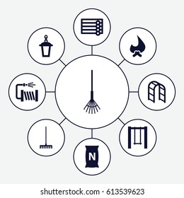 Outdoor icons set. set of 9 outdoor filled icons such as wooden wall, rake, water hose, street lamp, swing, playground ladder, bag with ground
