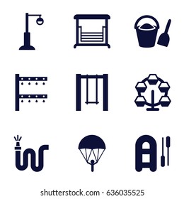 Outdoor icons set. set of 9 outdoor filled icons such as water hose, irrigation system, street lamp, swing, bucket and shovel, parachute, carousel