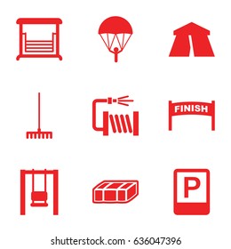 Outdoor icons set. set of 9 outdoor filled icons such as garden bench, tent, rake, water hose, swing, parking, parachute