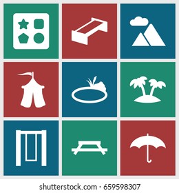 Outdoor icons set. set of 9 outdoor filled icons such as garden bench, from toy for beach, palm, tent, mountain, pond, umbrella, table