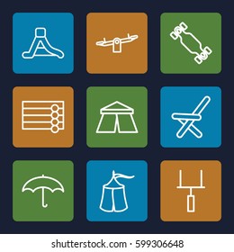 outdoor icons set. Set of 9 outdoor outline icons such as wooden wall, tent, swing, outdoor chair, waterslide, umbrella, goal post