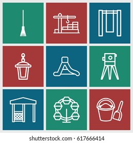 Outdoor icons set. set of 9 outdoor outline icons such as theodolite, rake, street lamp, gazebo, waterslide, construction  crane, bucket and shovel, swing