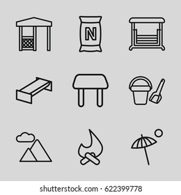 Outdoor icons set. set of 9 outdoor outline icons such as garden bench, bucket toy for beach, table, swing, gazebo, bag with ground, mountain, umbrella