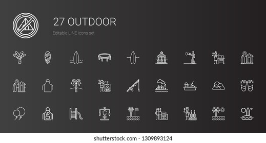 outdoor icons set. Collection of outdoor with churrasco, bbq grill, palm tree, gym station, slide, apron, balloons, sandbox, lawn, fishing rod. Editable and scalable outdoor icons.
