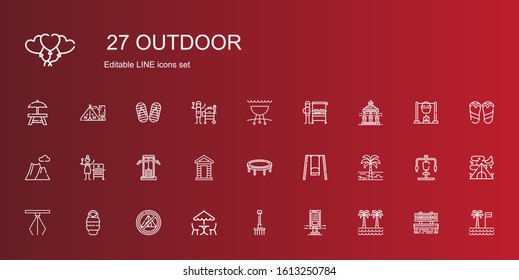outdoor icons set. Collection of outdoor with palm tree, billboard, rake, picnic, tent, sleeping bag, hook, swing, trampoline, cabin, gym station. Editable and scalable outdoor icons.