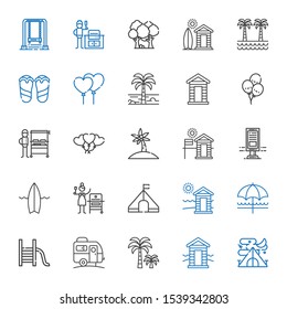 outdoor icons set. Collection of outdoor with tent, cabin, palm tree, caravan, slide, sun umbrella, grill, surfboard, billboard, balloons. Editable and scalable outdoor icons.