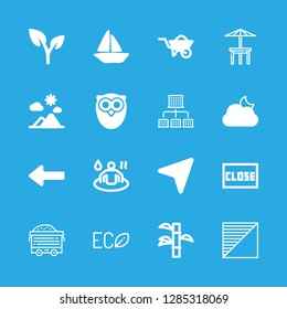outdoor icons set with owl intelligence symbol, close rectangular commercial signal and office buildings vector set