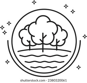 Outdoor icons with trees in black and white with stars and water for logo, badges, emblems
