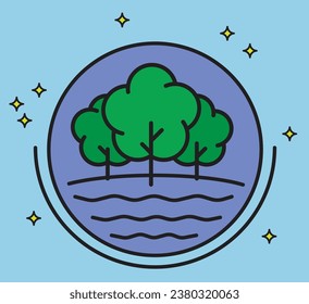 Outdoor icons with trees in colorful, playful palette with stars and water for logo, badges, emblems