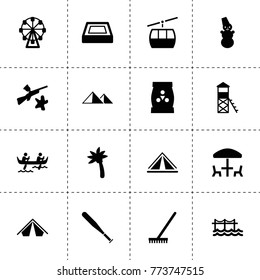 Outdoor icons. vector collection filled outdoor icons. includes symbols such as fertilizer, rake, swimming pool, paintball, ferris wheel. use for web, mobile and ui design.