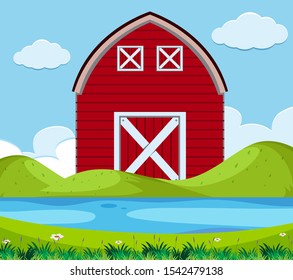 An outdoor illustration scene with barn house
