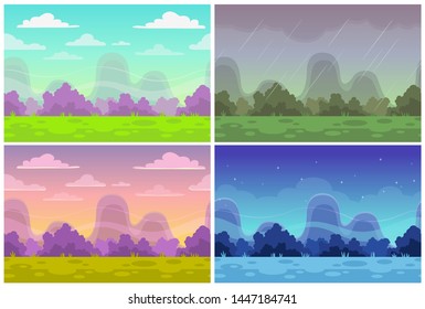 Outdoor illustration. Seamless nature landscapes set. Vector looped backgrounds for runner game design.