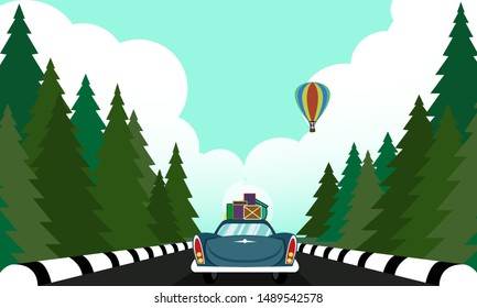 outdoor illustrations, having hill trees, picnics, wild nature, adventure,nature background,fun background,flat design,travel illustration,wallpaper,vectorstock background,drive a car for a picnic