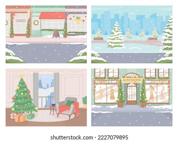 Outdoor and indoor Christmas scenes at daylight flat color vector illustration set. Boutique facade. Snowy streets. Fully editable 2D simple cartoon cityscapes, interior collection with on background