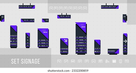 Outdoor and indoor signage systems. Direction, pole, wall mount and road signage system design template. Empty space for logo, text, white and yellow corporate identity. Vector illustration.