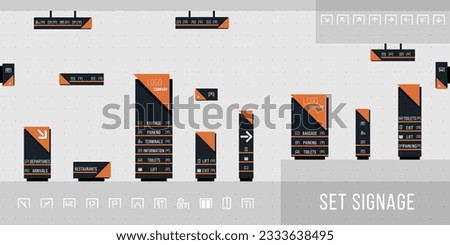 Outdoor and indoor signage systems. Direction, pole, wall mount and road signage system design template. Empty space for logo, text, white and yellow corporate identity. Vector illustration.