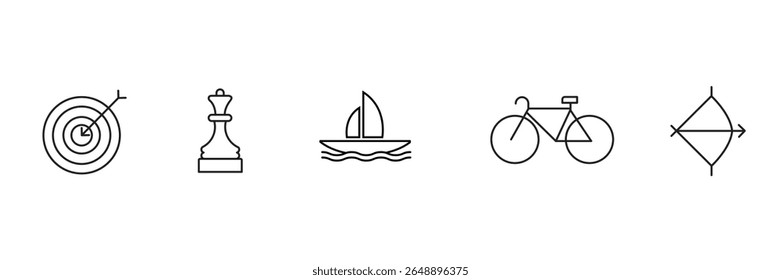 Outdoor and indoor sports icon set with target chess sailing cycling archery symbol in minimal stroke vector illustration for activity.