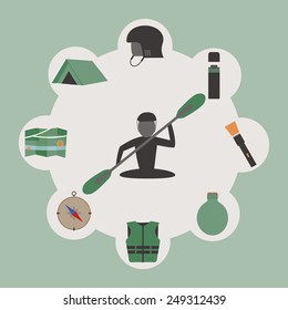 Outdoor infographics. Camping and kayaking. Unusual round design on green background. Summer elements. Vector illustration