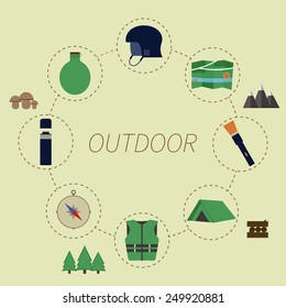 Outdoor infographics. Camping lifestyle. Unusual round design on green background. Summer elements. Vector illustration