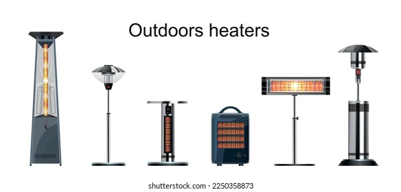 Outdoor infrared gas electric heaters flat isolated on white background vector illustration