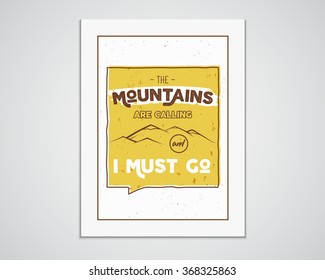 Outdoor inspiration A4 frame. Motivation mountain poster quote template. Winter or summer explorer flyer. Mountain calling adventure elements. Vector vintage design. Travel typographic design