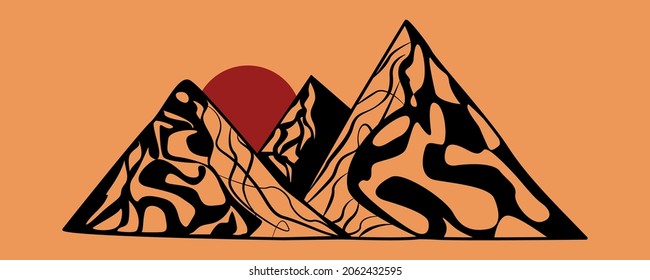Outdoor inspirational poster. Abstract mountains and sun. landscape wallpaper design. background for cover, invitation background, packaging design, fabric, and print.  Stock vector illustration