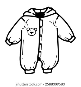 Outdoor jumpsuit with a hood for a baby. Hand drawn doodle. Newborn clothes. Fabric item. Little child's wardrobe. Childhood. Vector line art illustration.