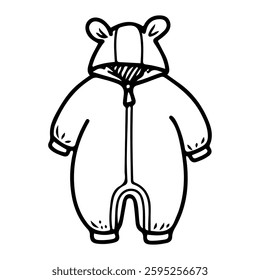 Outdoor jumpsuit with a hood for a baby. Hand drawn doodle. Newborn clothes. Zipper. Bear ears. Fabric item. Little child's wardrobe. Childhood. Vector line art illustration.