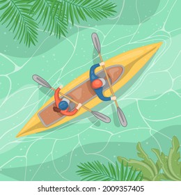 Outdoor kayaking for active recreation. Top view of a kayak in a river or sea with people rowing on oars. Colorful vector illustration.