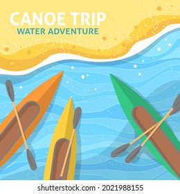 Outdoor kayaking for active recreation. Top view of empty canoes with paddles on the shore of a sandy beach. Boat trips. A place for your text. Colorful vector illustration. Template.