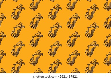 Modelo inconsútil del garabato de la caldera al aire libre en el fondo amarillo para la Mercancía de la aventura. olla de camping, fondo del patrón del grabado de la diarrea. Fondo de pantalla portátil retro de la ilustración de la eclosión del caldero